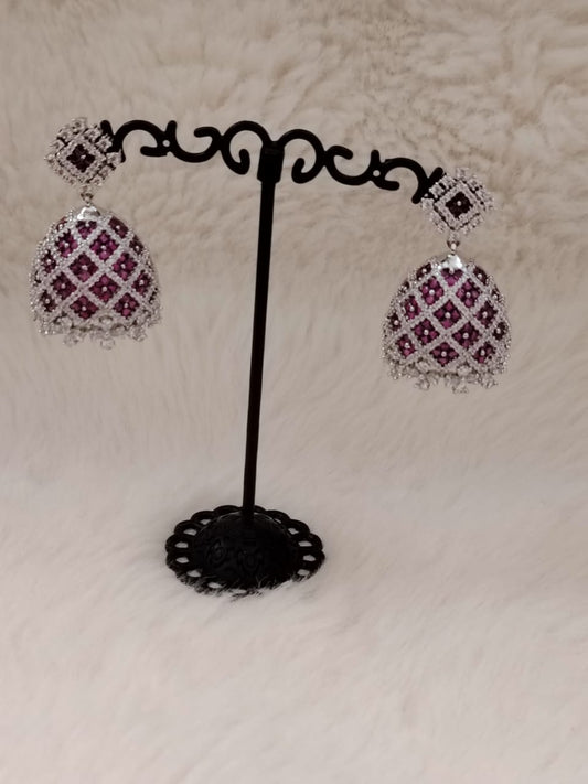 Silver jhumka with hot pink semi-precious stones