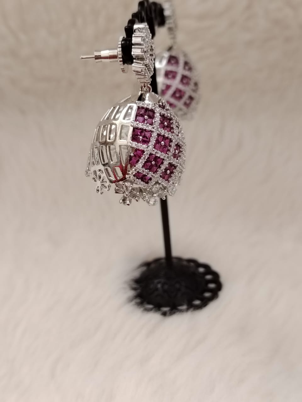 Silver jhumka with hot pink semi-precious stones