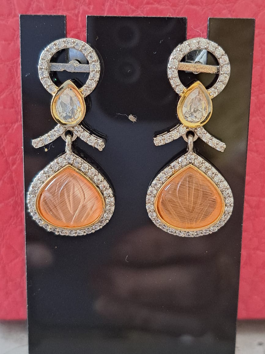 Peach color carved stone earrings with AD and kundan