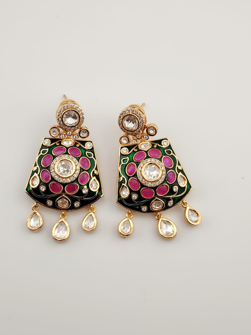 Kundan earrings with green meenakari and kemp stones