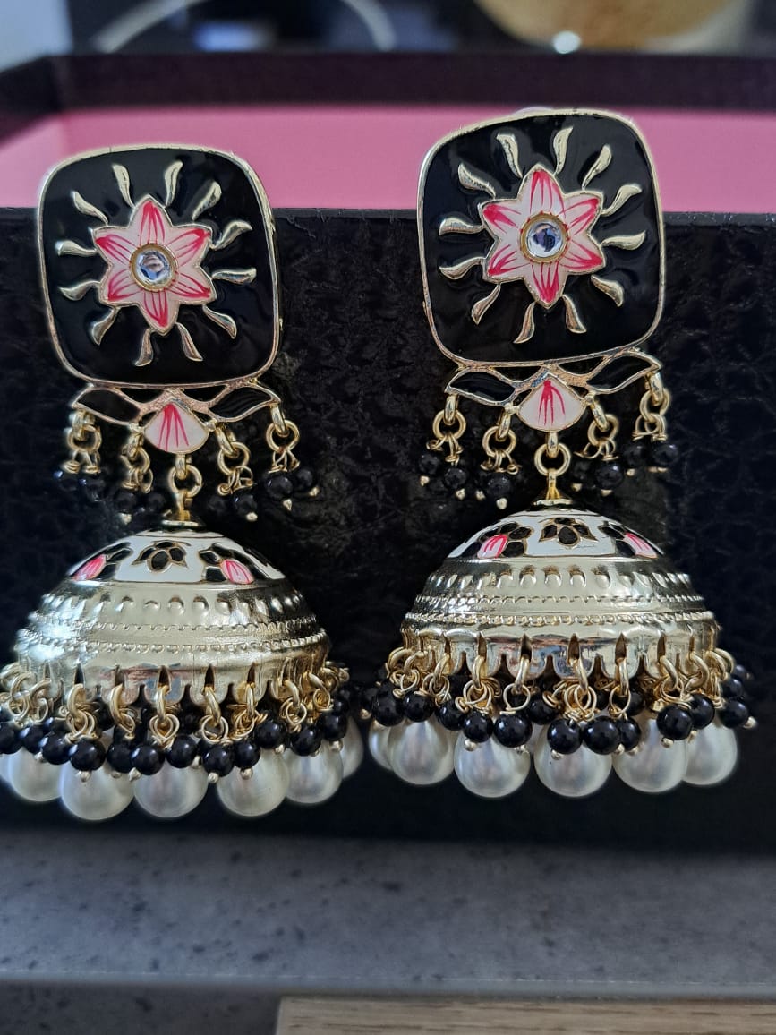 Meenakari jhumka with pearls, kundans & beads