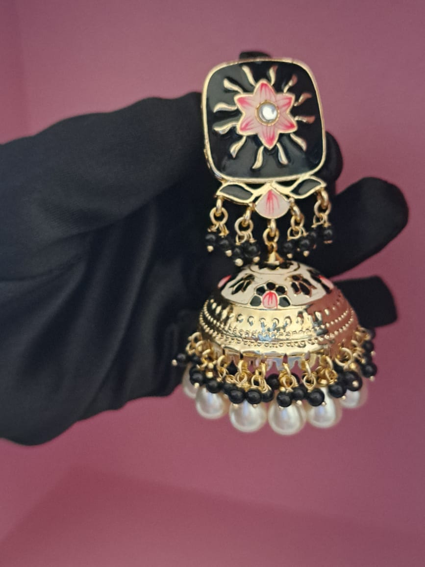 Meenakari jhumka with pearls, kundans & beads