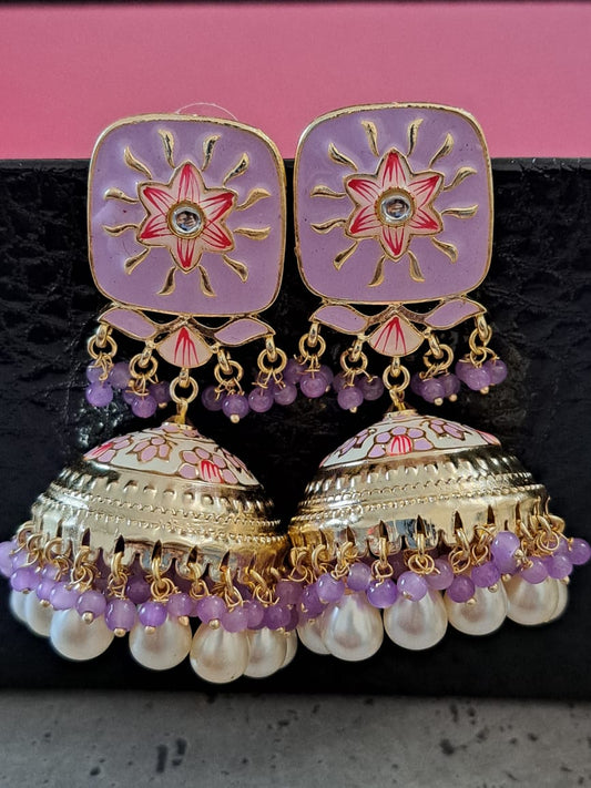 Meenakari jhumka with pearls, kundans &  beads