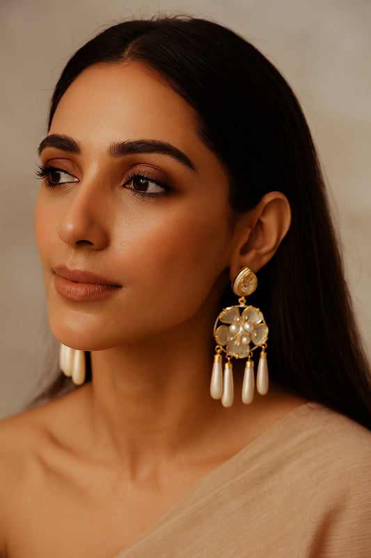 Bridal kundan earrings with floral pearl center & embossed drop hangings 