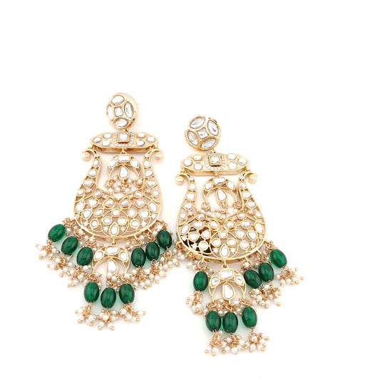 Big basket shaped chand bali with kundans, green awaze and pearls