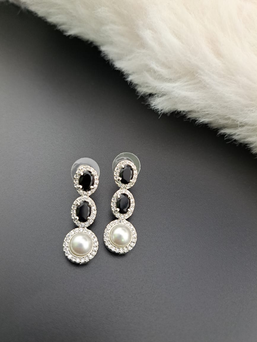 Black cubic zircon earrings with american diamonds and pearl