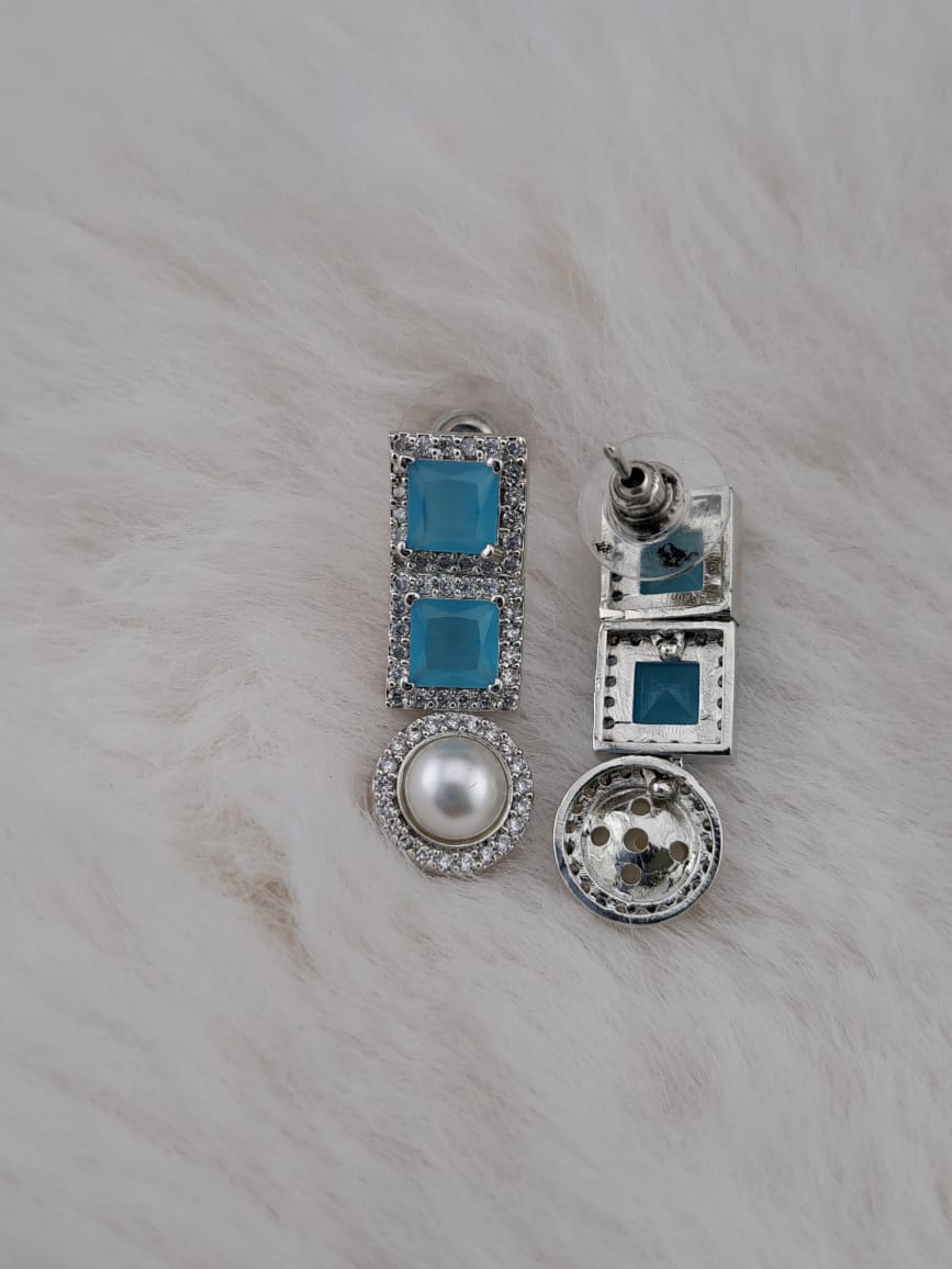 Light blue cubic zircon  earrings with american diamonds and pearl