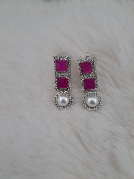 Hot pink cubic zircon earrings with american diamonds and pearl