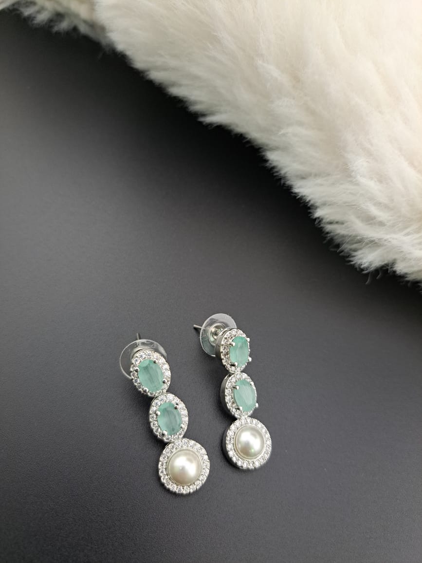 Sea green cubic zircon earrings with american diamonds and pearl