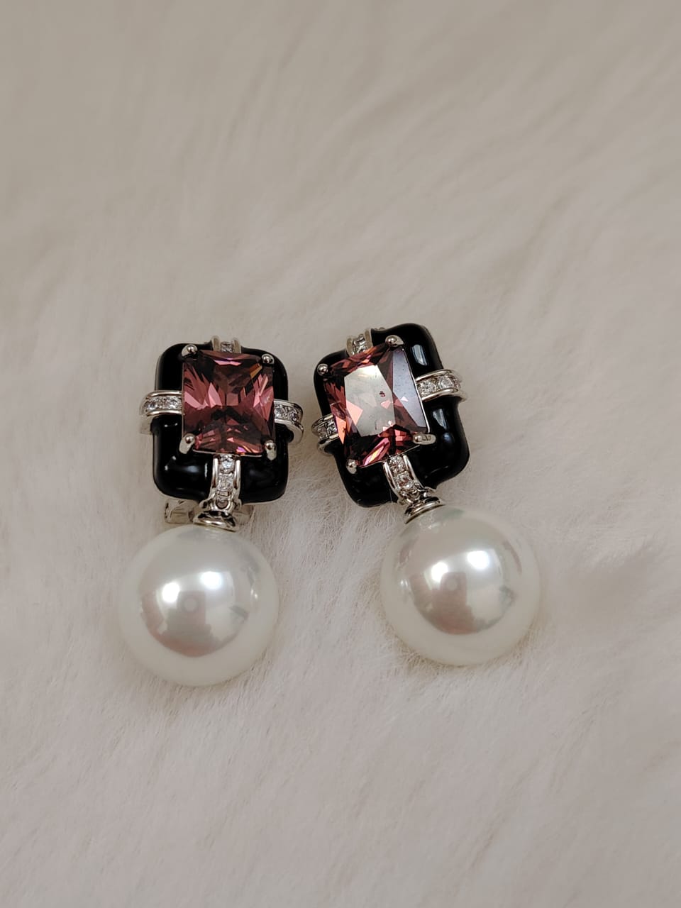 Swarovski inspired pink crystal earrings with pearl drop