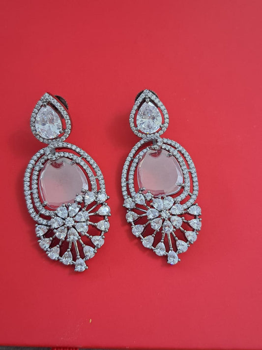 Oval glass stone, American diamonds and Cubic Zircon earrings