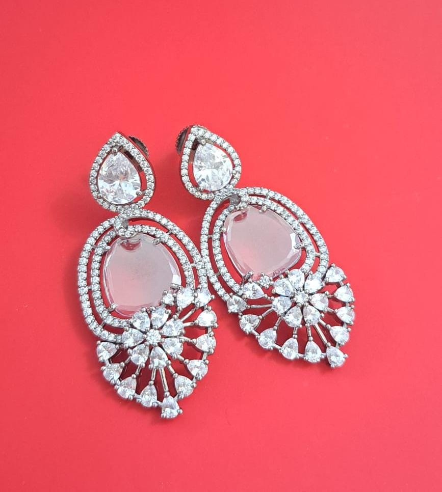 Oval glass stone, American diamonds and Cubic Zircon earrings