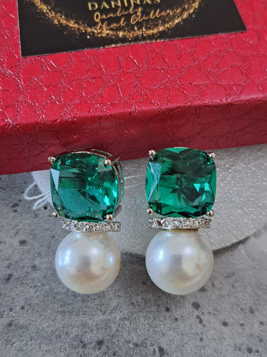 swarovski inspired green crystal studs with pearl drops 