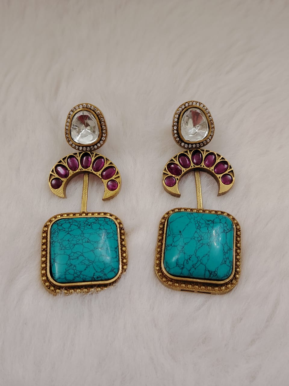 Sabyasaachi inspired kundan danglers with turquoise doubletand kemp stones