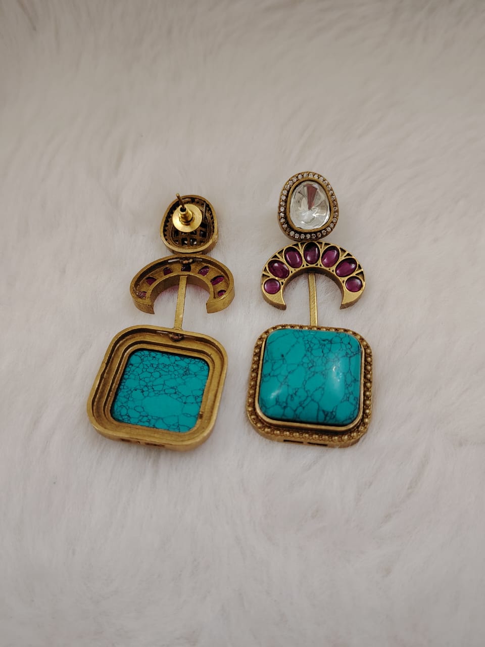 Sabyasaachi inspired kundan danglers with turquoise doubletand kemp stones