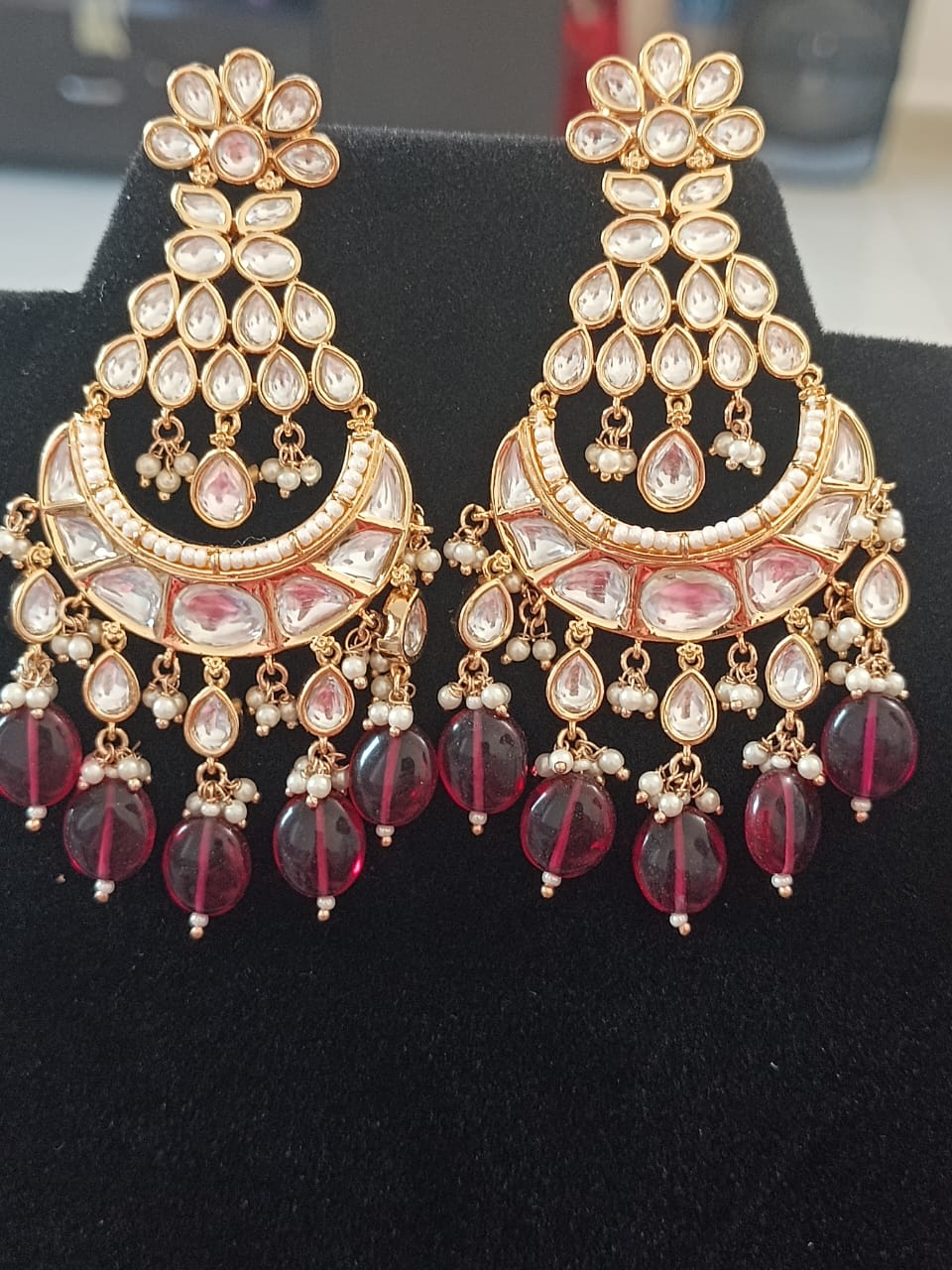 Tyaani inspired kundan chand bali with maroon awaze beads and pearls