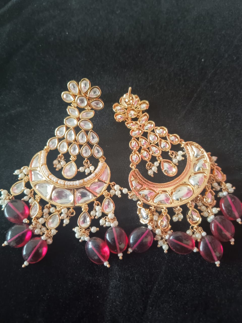 Tyaani inspired kundan chand bali with maroon awaze beads and pearls