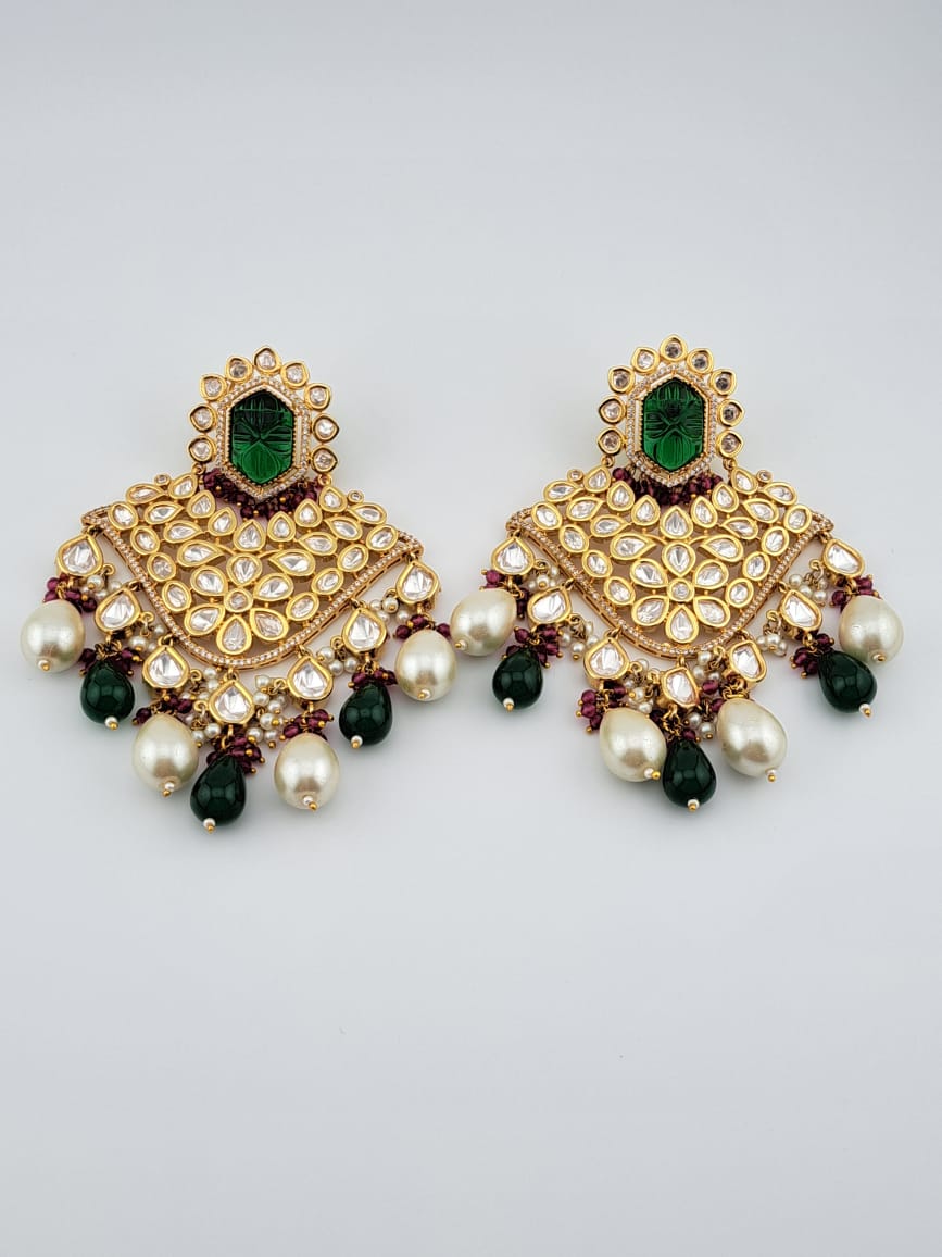 Tyaani inspired kundan earrings with carved stones and pearls