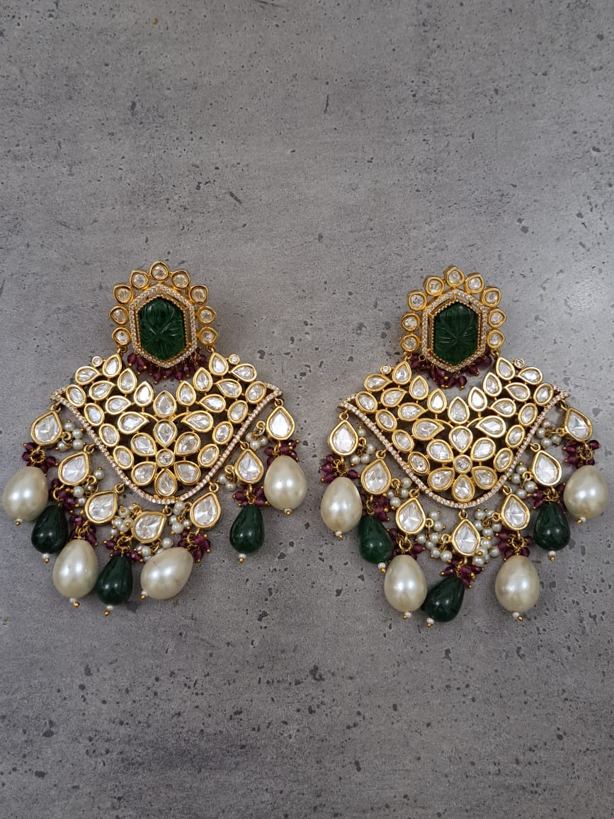 Tyaani inspired kundan earrings with carved stones and pearls