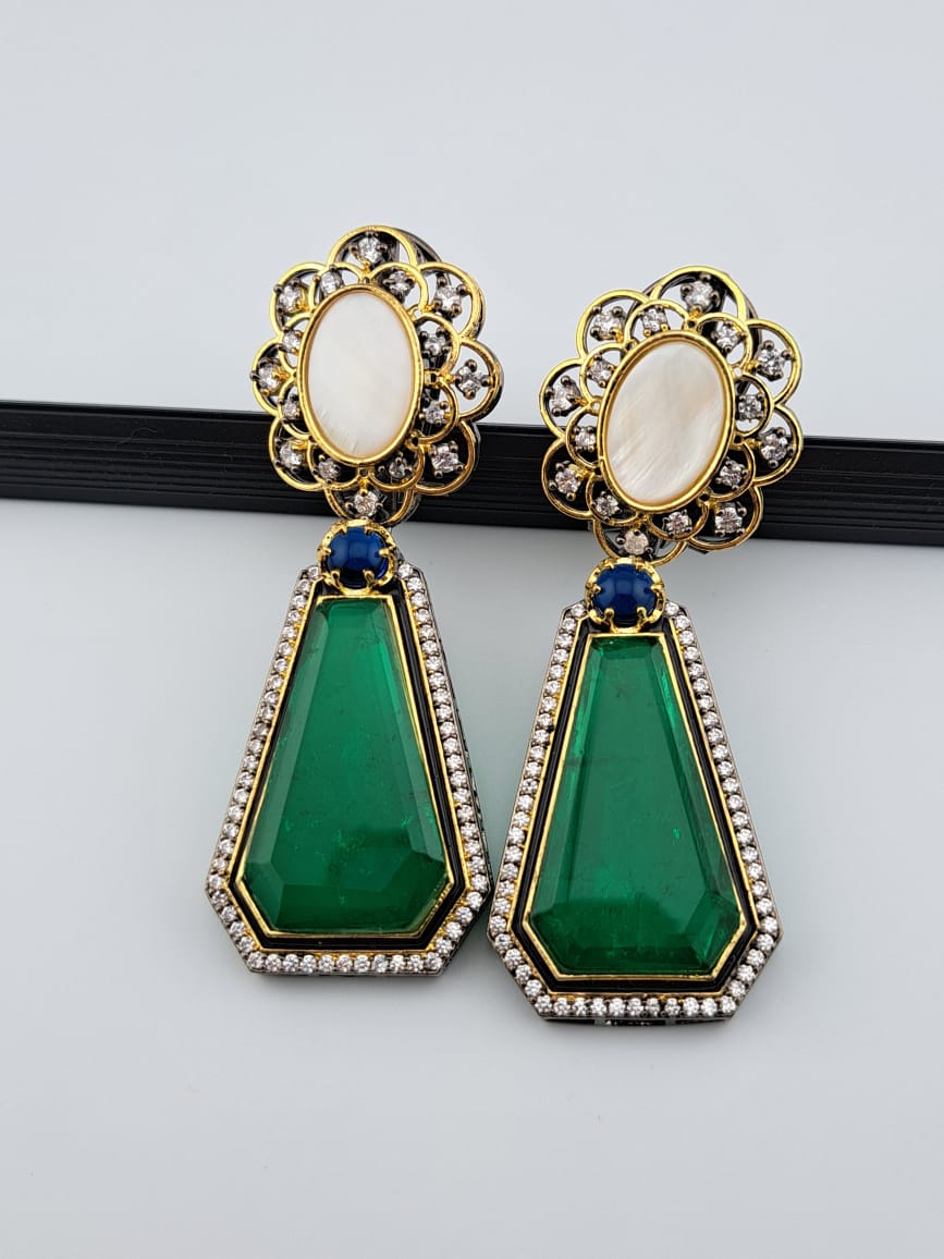 Sabyasachi inspired big hangings with green, blue duplet stone, american diamonds and mother of pearl