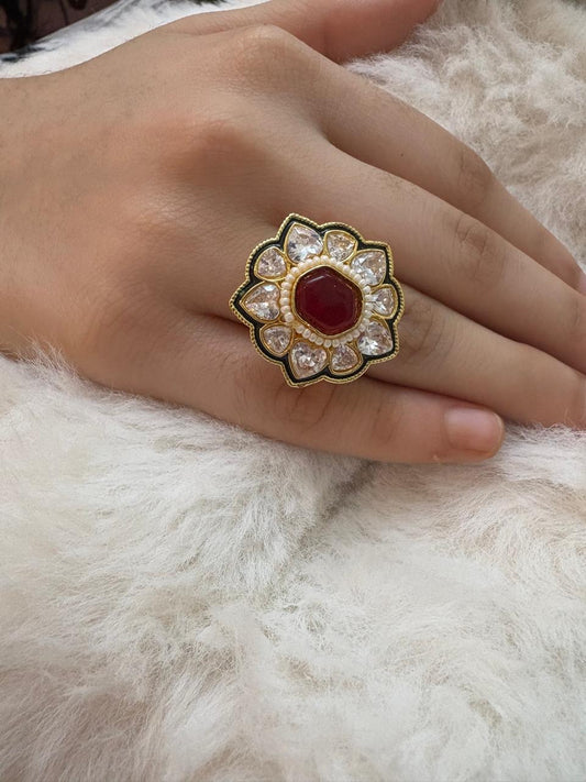 Duplet stone and kundan finger ring with enamel meenkaari