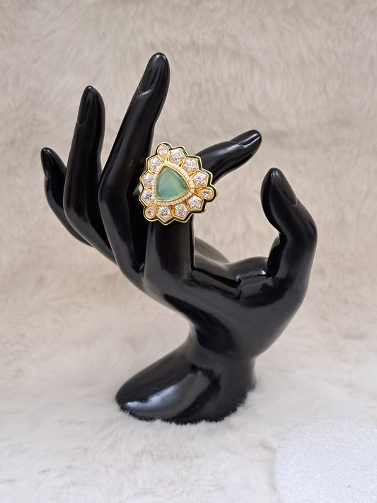 Kundan finger ring with  sea green duplet and american diamonds