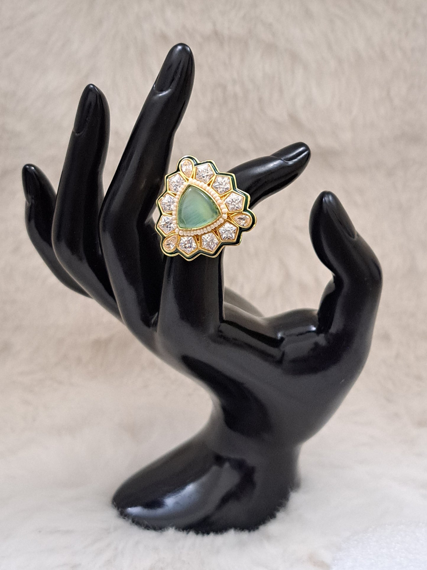 Kundan finger ring with  sea green duplet and american diamonds