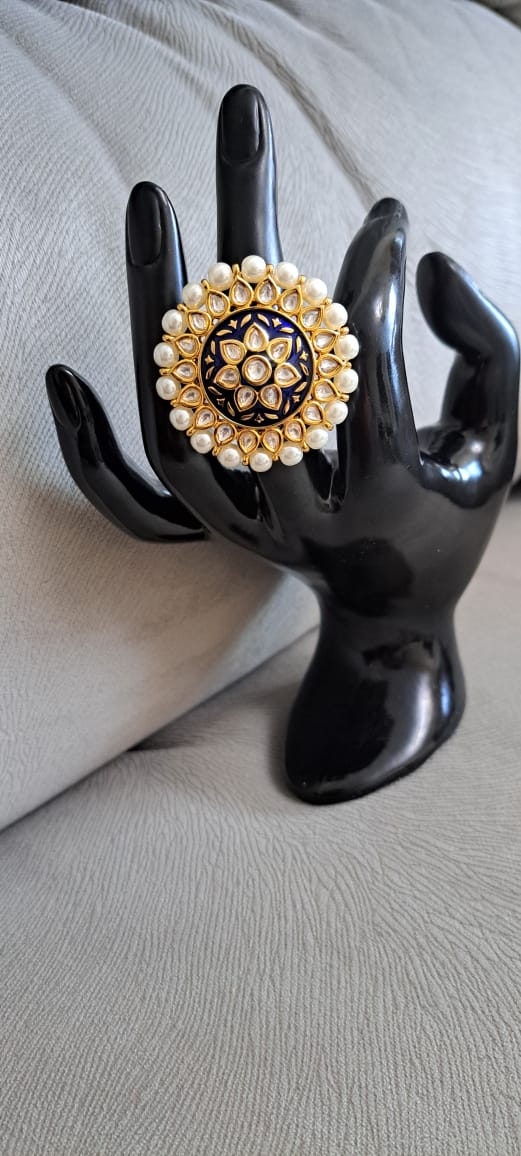 Meenakari blue finger ring with pearls