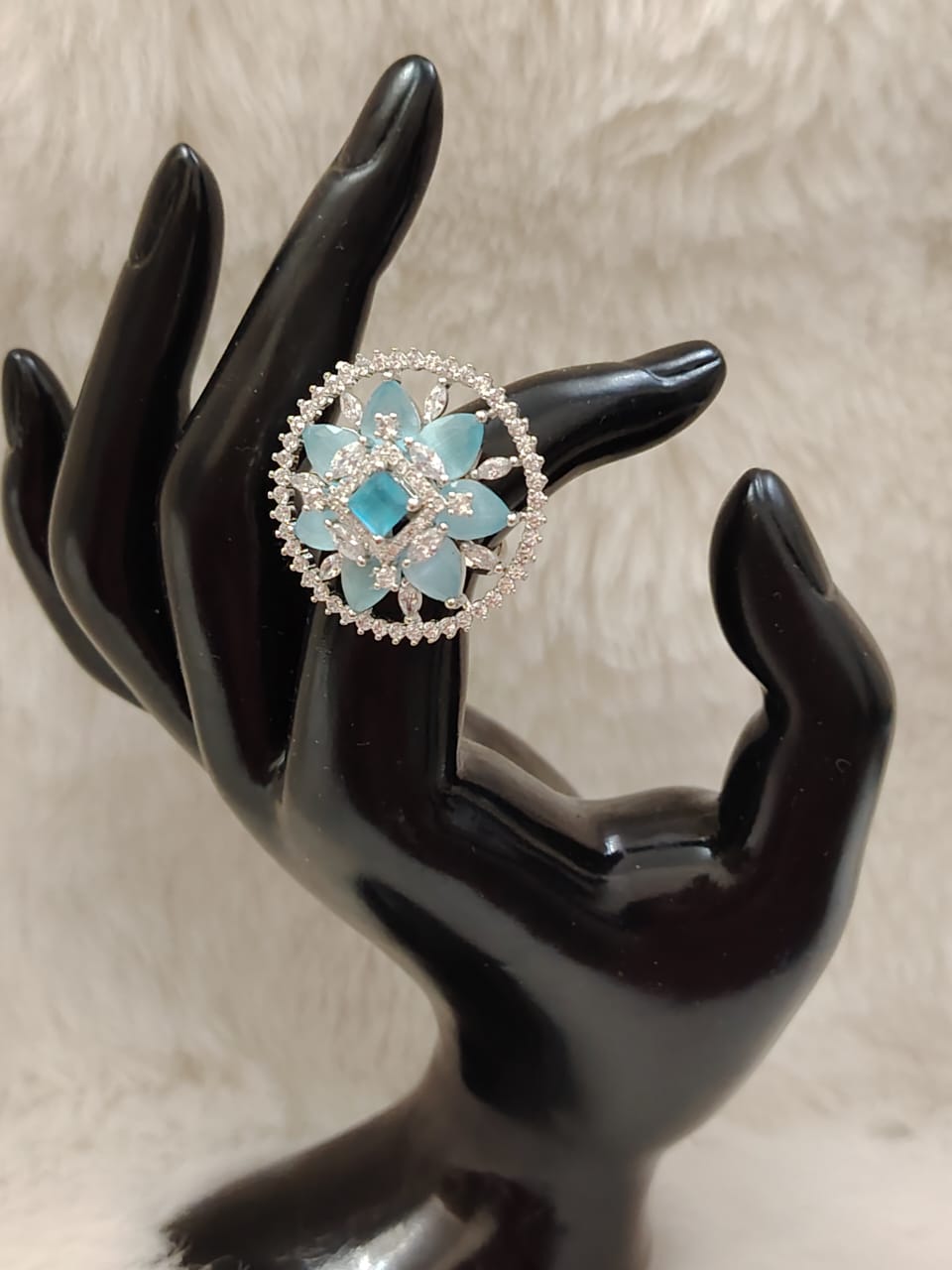 Gorgeous zircon cocktail silver ring in light blue 