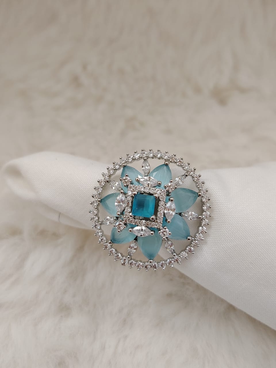 Gorgeous zircon cocktail silver ring in light blue