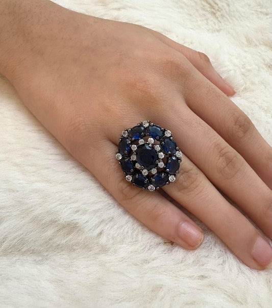 German silver oxidised finger ring with navy blue and white zircon