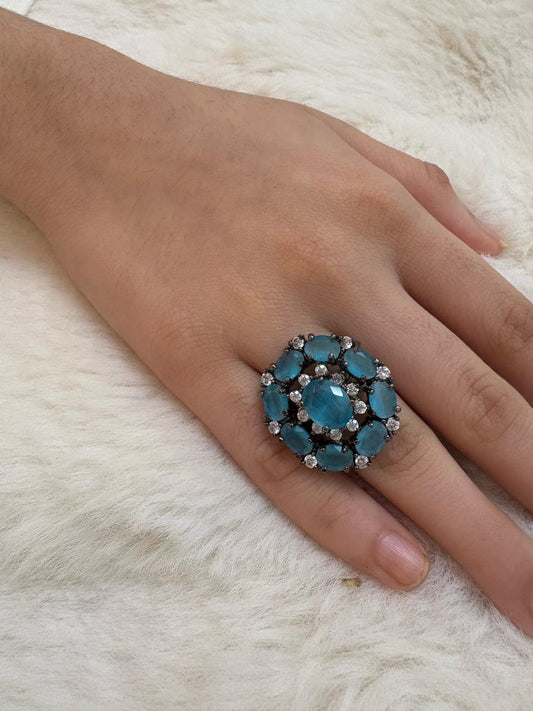 German silver oxidised finger ring with light blue and white zircon stones
