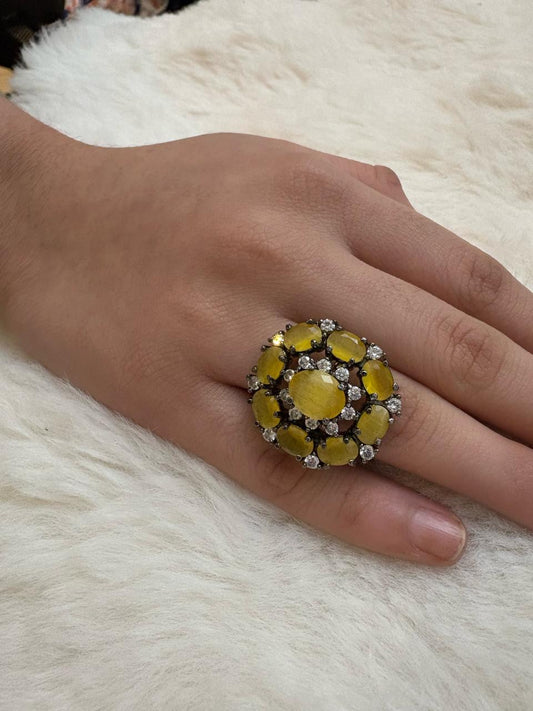 German silver oxidised finger ring with mustard and white zircon stones
