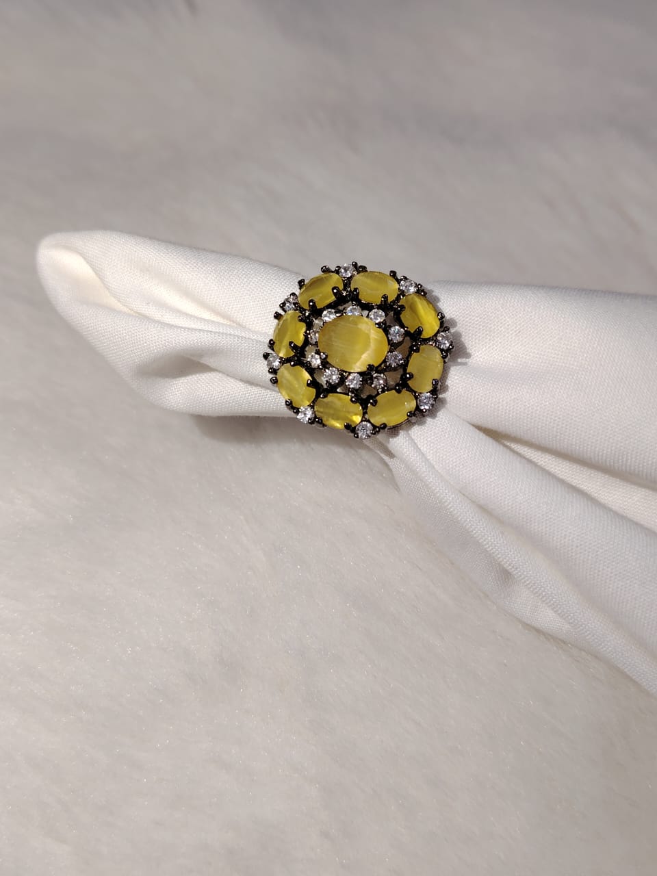 German silver oxidized finger ring with mustard and white zircons