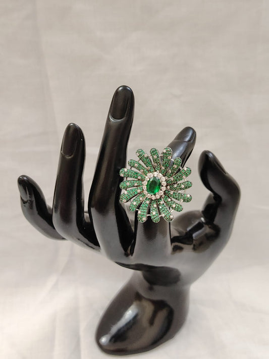 Emerald green nano stones silver ring 