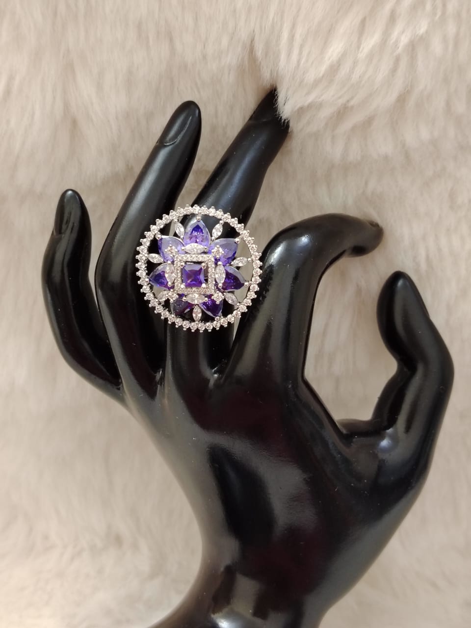 Gorgeous zircon cocktail silver ring in violet