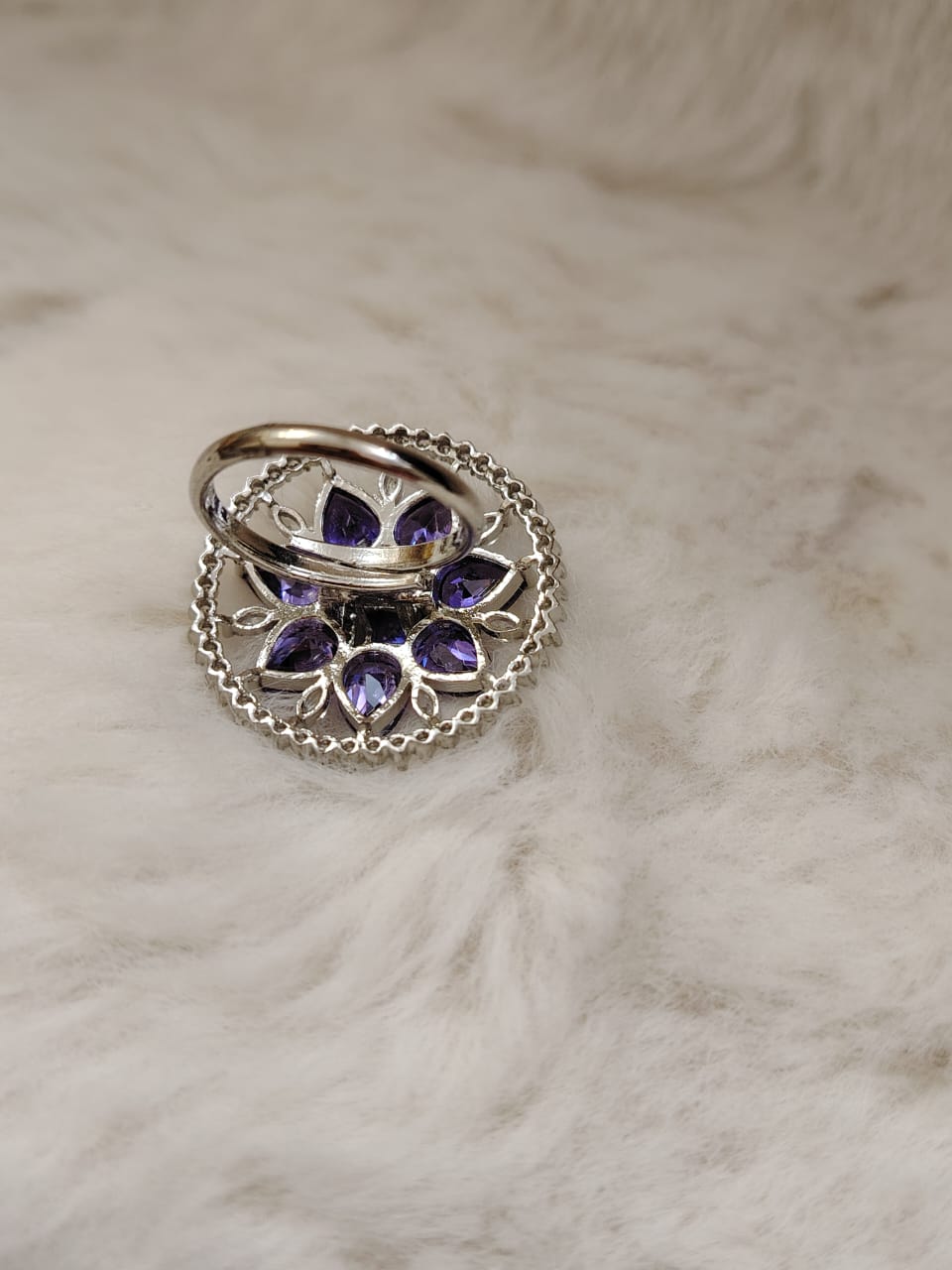 Georgous zircon cocktail silver ring in violet