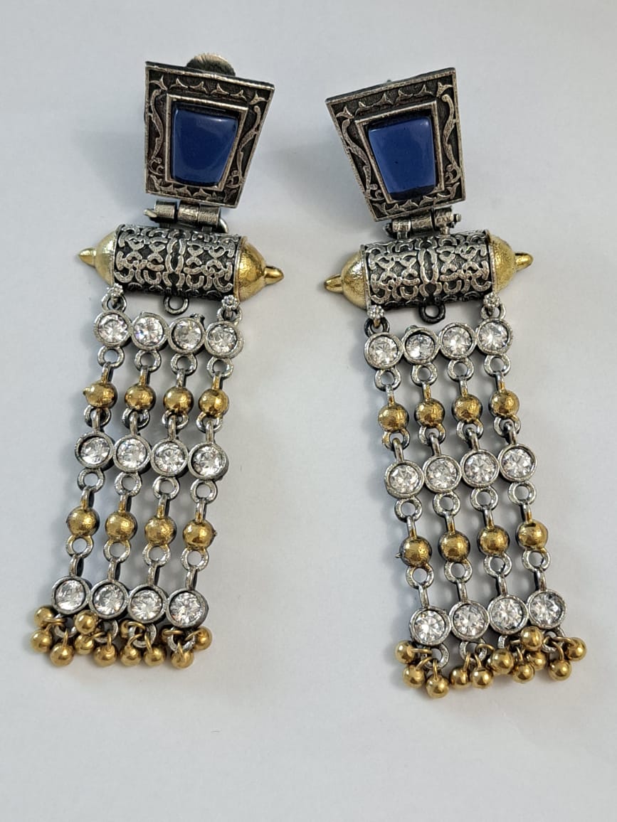German silver long danglers with kundans and navy blue duplet stone