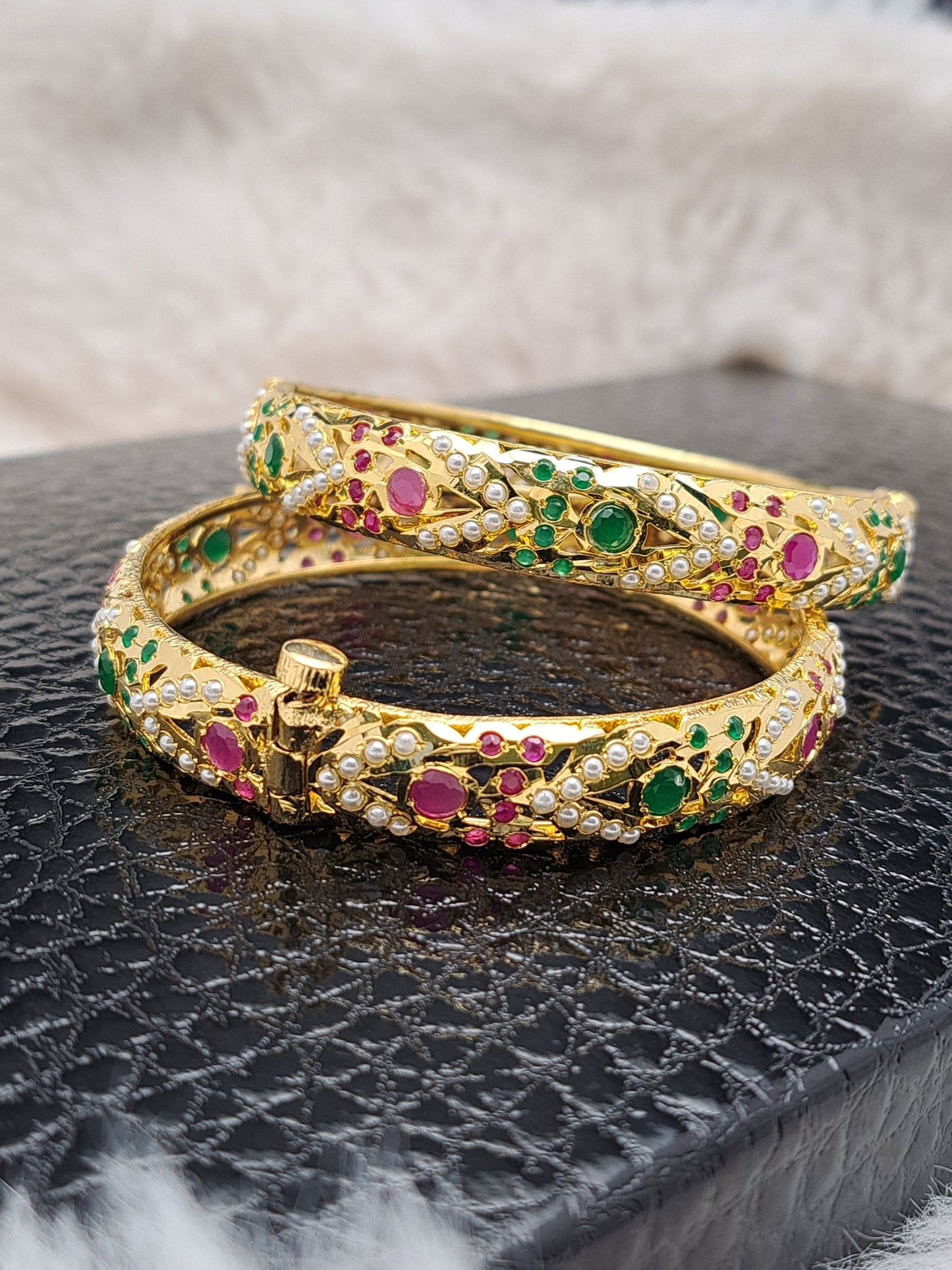 Hyderabadi openable bangles with ruby, emerald and pearls