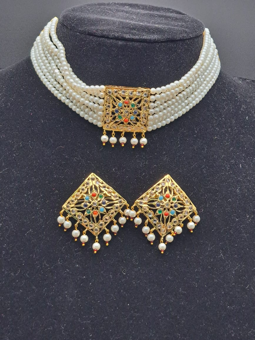 Hyderabadi choker set with pearls and navrathan (multi color)stones