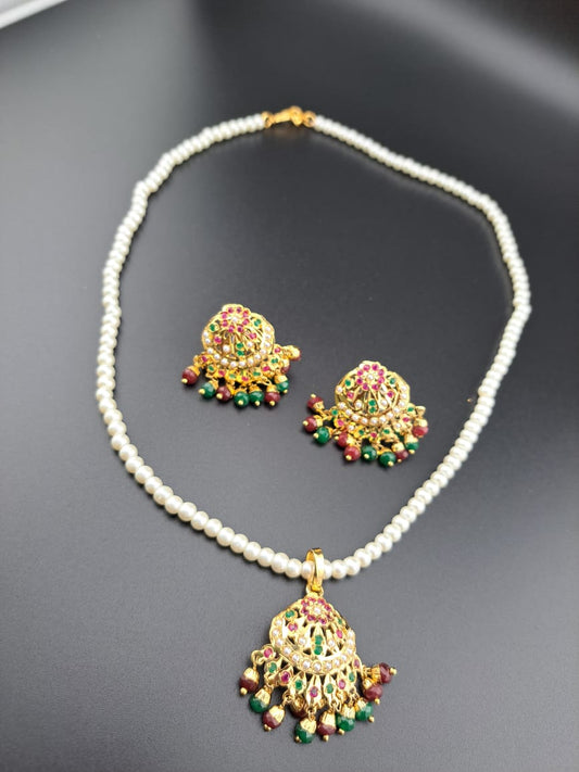 Hyderabadi pearl jadau mala set in ruby and emerald