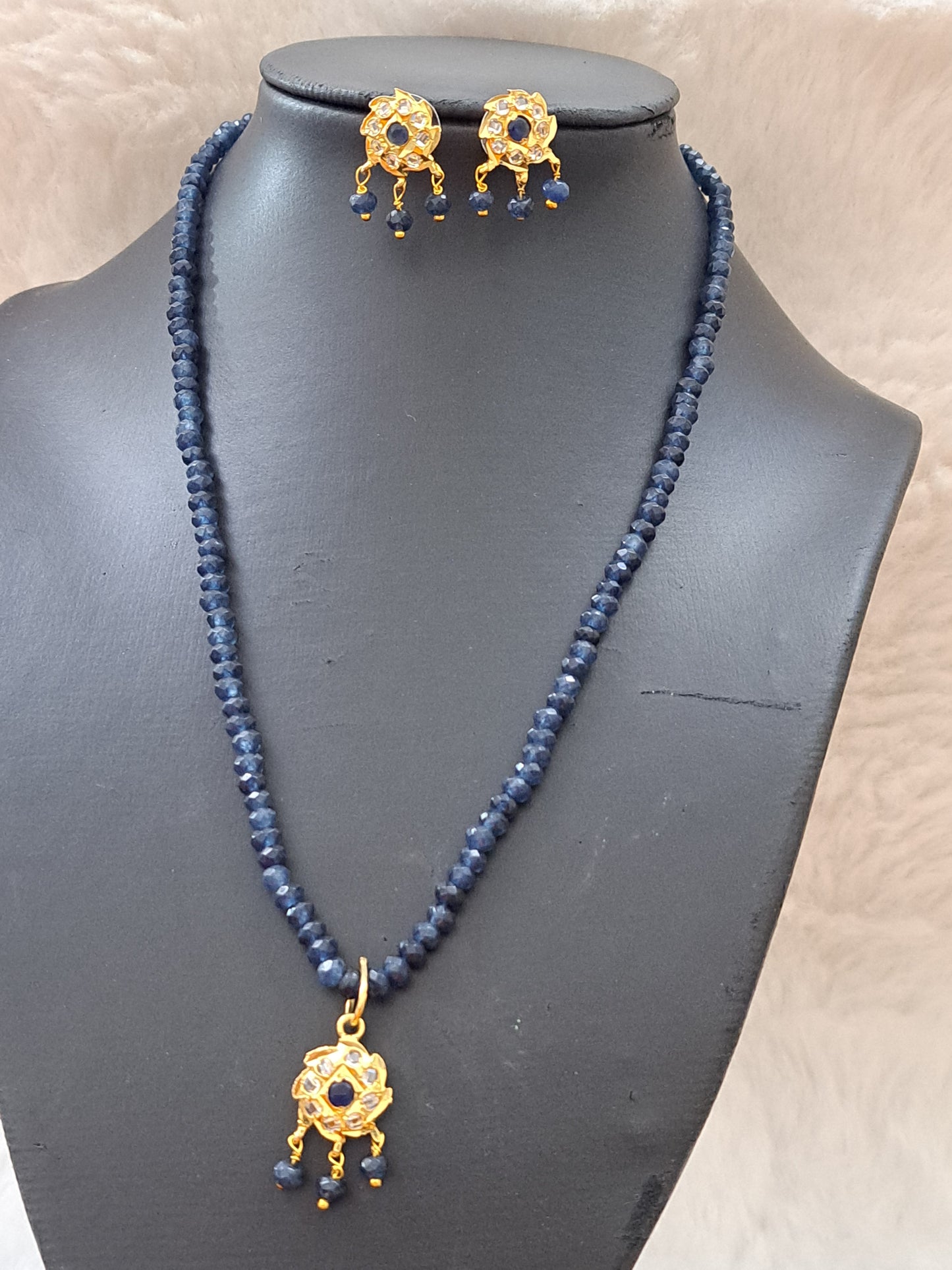Real onyx beads set  with blue sapphire and polki kundans