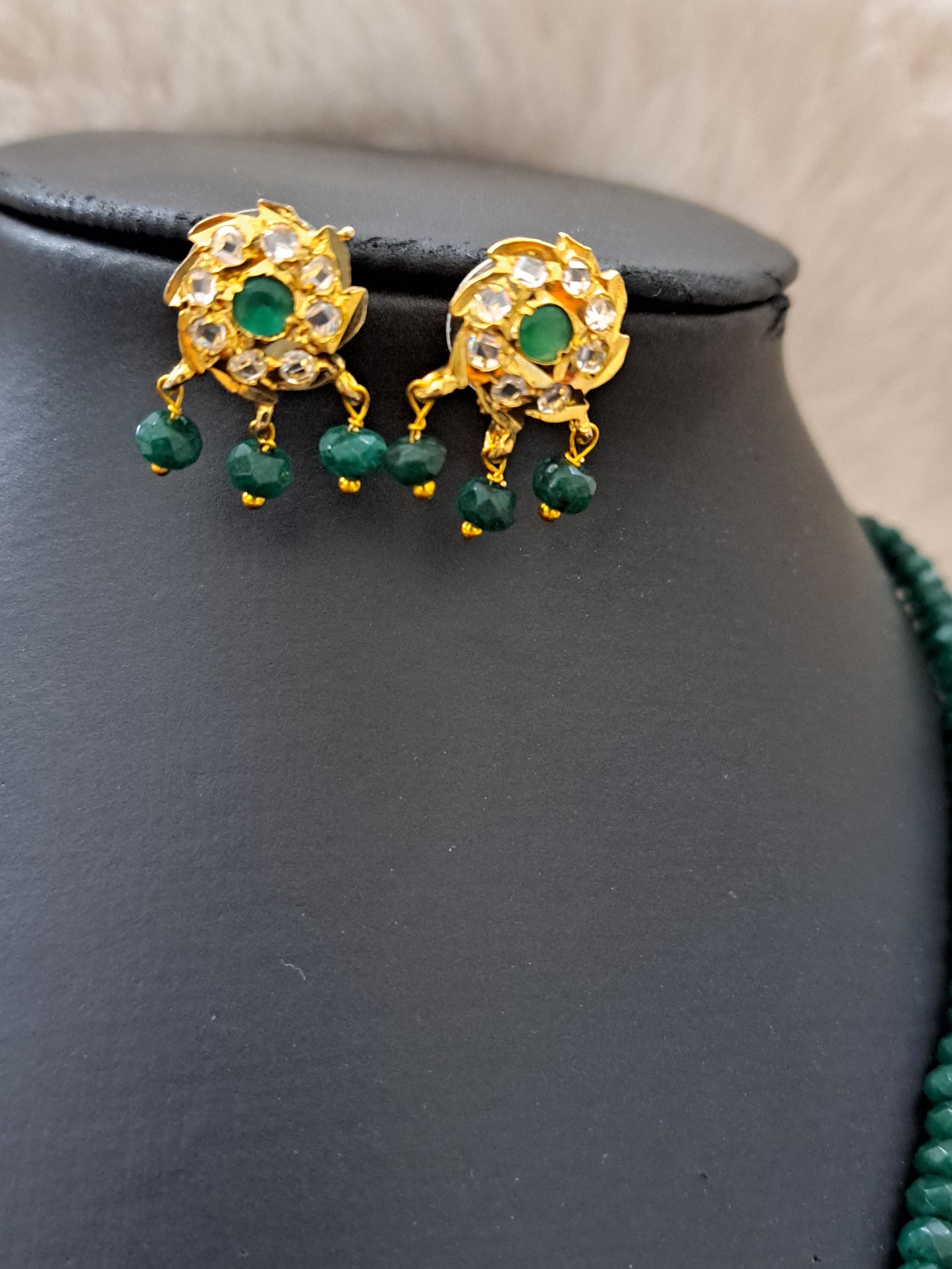 Real onyx beads set  with emerald and polki kundans.