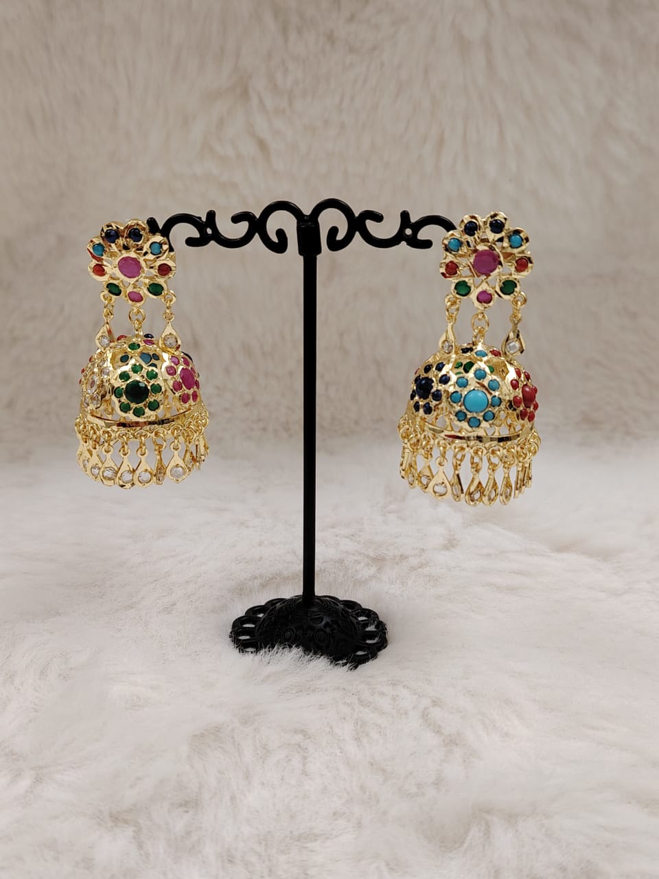 Gold jhumka with navratan(multicolor) stones