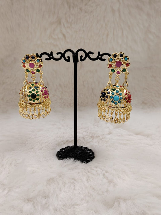 Gold jhumka with navratan(multicolor) stones