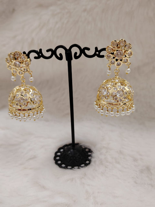 Gold plated jadau jhumka - white stones and pearls 