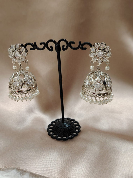 Silver plated jadau jhumka - white stones and pearls