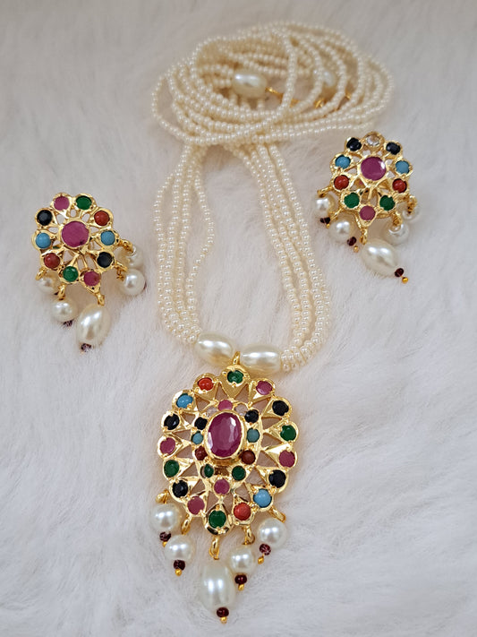 Semi-precious mini pearls mala set with navrathan(multi-color)stones and pearls.