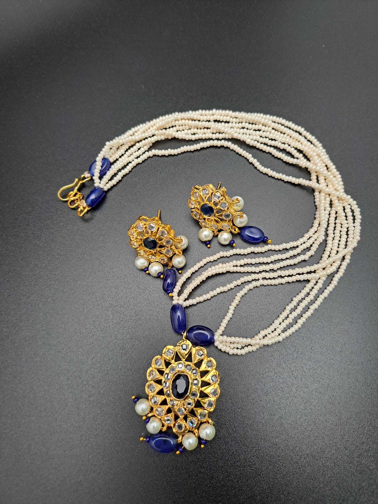 Semi-precious mini pearls mala set with uncut polki ,blue sapphire and awaze