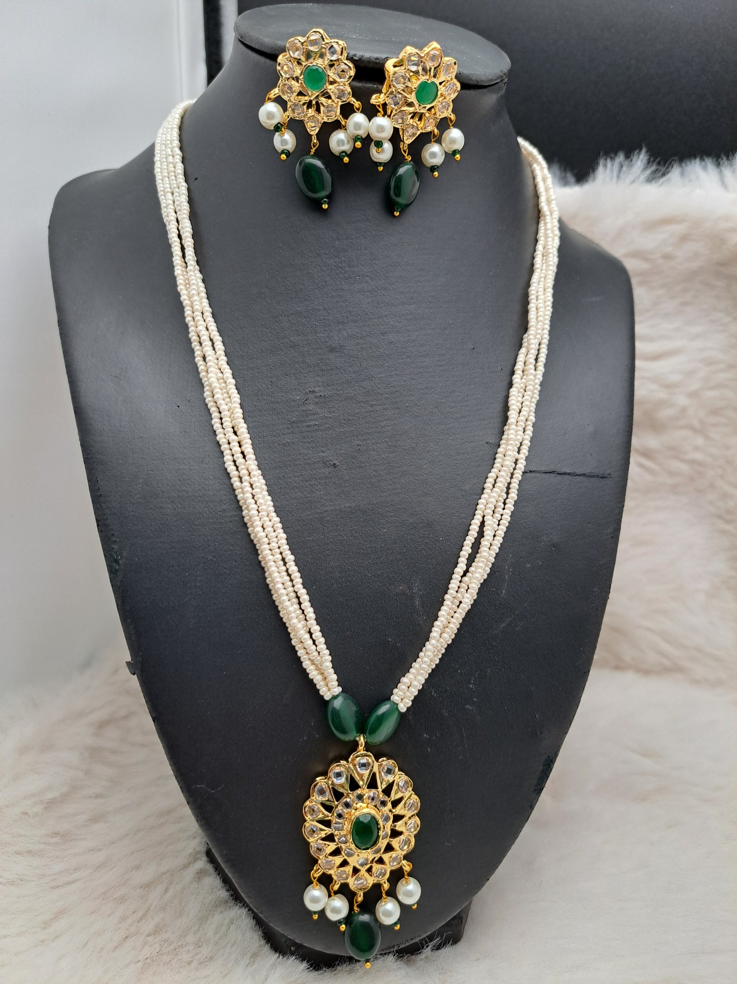 Semi-precious mini pearls mala set with uncut polki, emeralds and green awaze stones